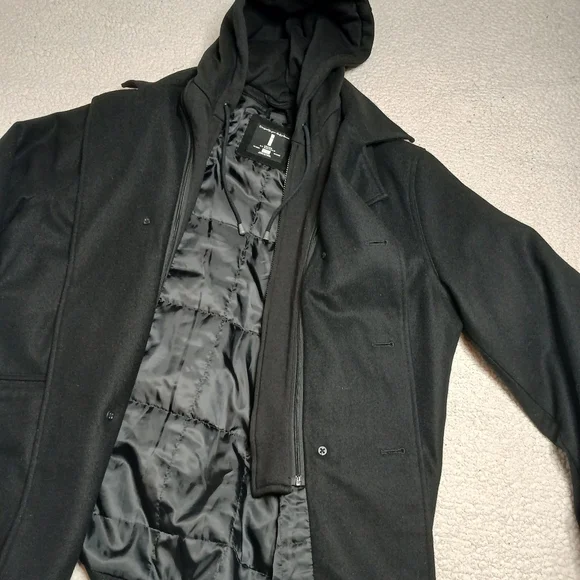 Black Wool Peacoat Hooded Coat XXL Double Breasted